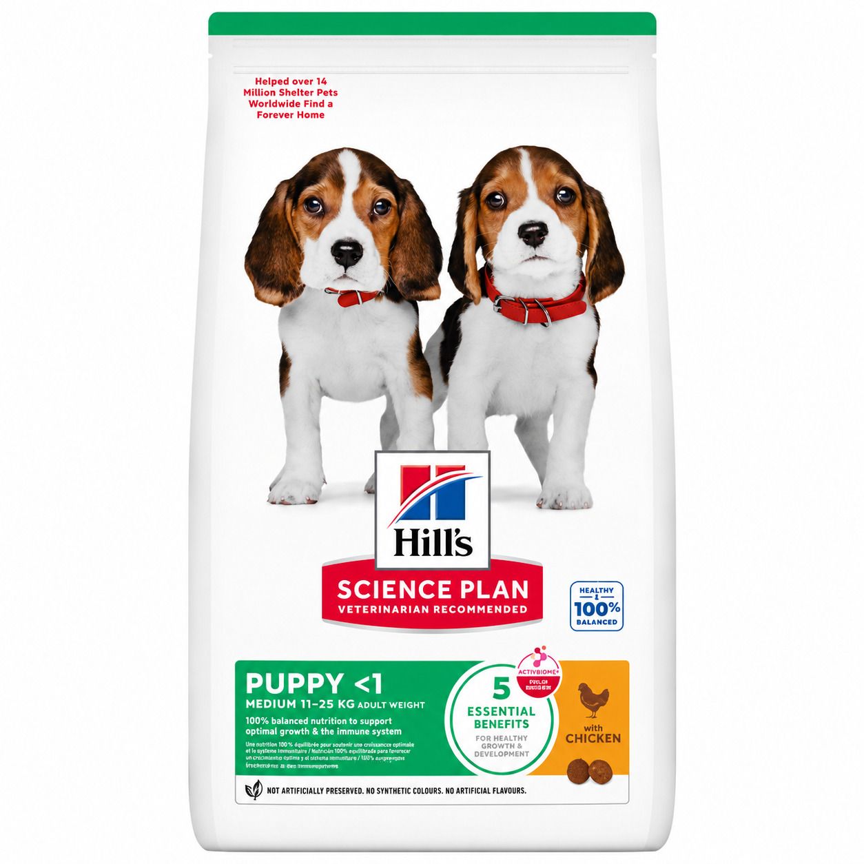 Witte zak met twee beagle pups. Opschrift: Hill's Science Plan Puppy, 5 Essential Benefits, met kip. Aanbevolen door dierenartsen.