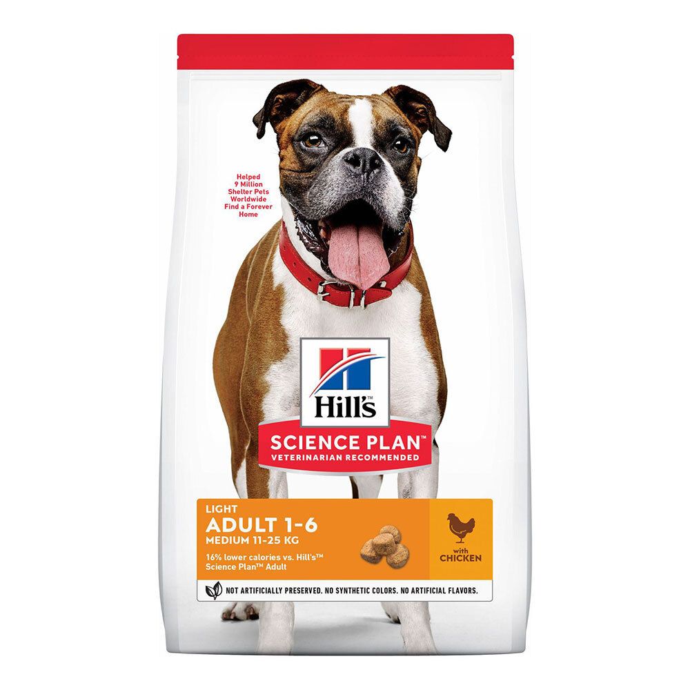 Sac de nourriture pour chiens avec image de Boxer. Inscription : Hill's Science Plan Adult 1-6 Light. Contient du poulet. Recommandé par les vétérinaires.