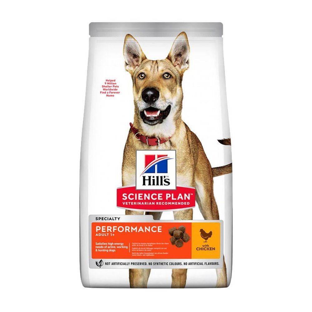 Sac de nourriture pour chiens avec chien. Inscription : Hill's Science Plan, Performance Adult 1+, avec poulet. Sans colorants ni conservateurs artificiels.