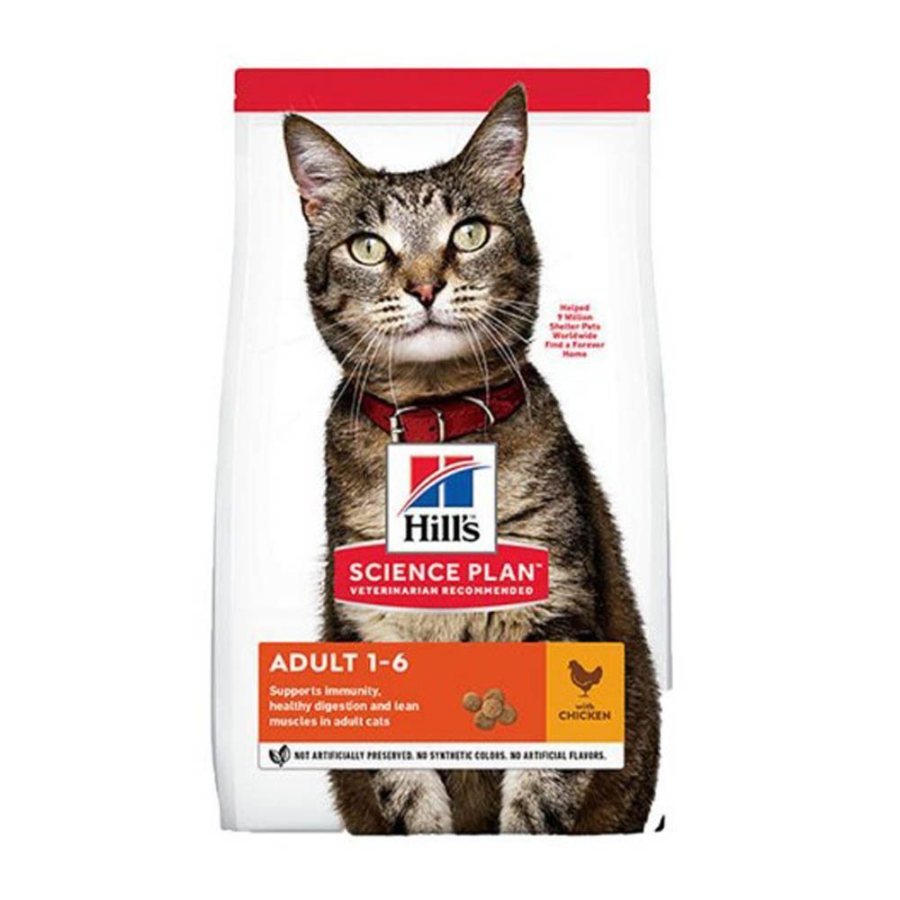 Verpakking van Hill's Science Plan kattenvoer met kip. Afgebeeld is een kat. Tekst: Adult 1-6, Veterinarian Recommended.