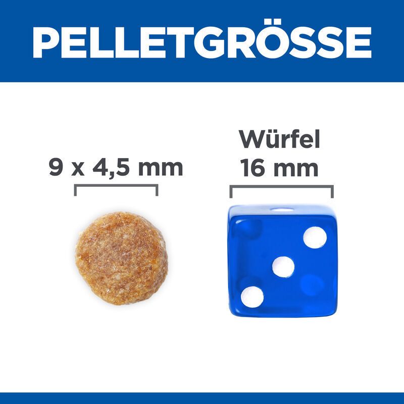 Pelletgrootte: 9 x 4,5 mm pellet naast 16 mm dobbelsteen. Blauwe achtergrond.