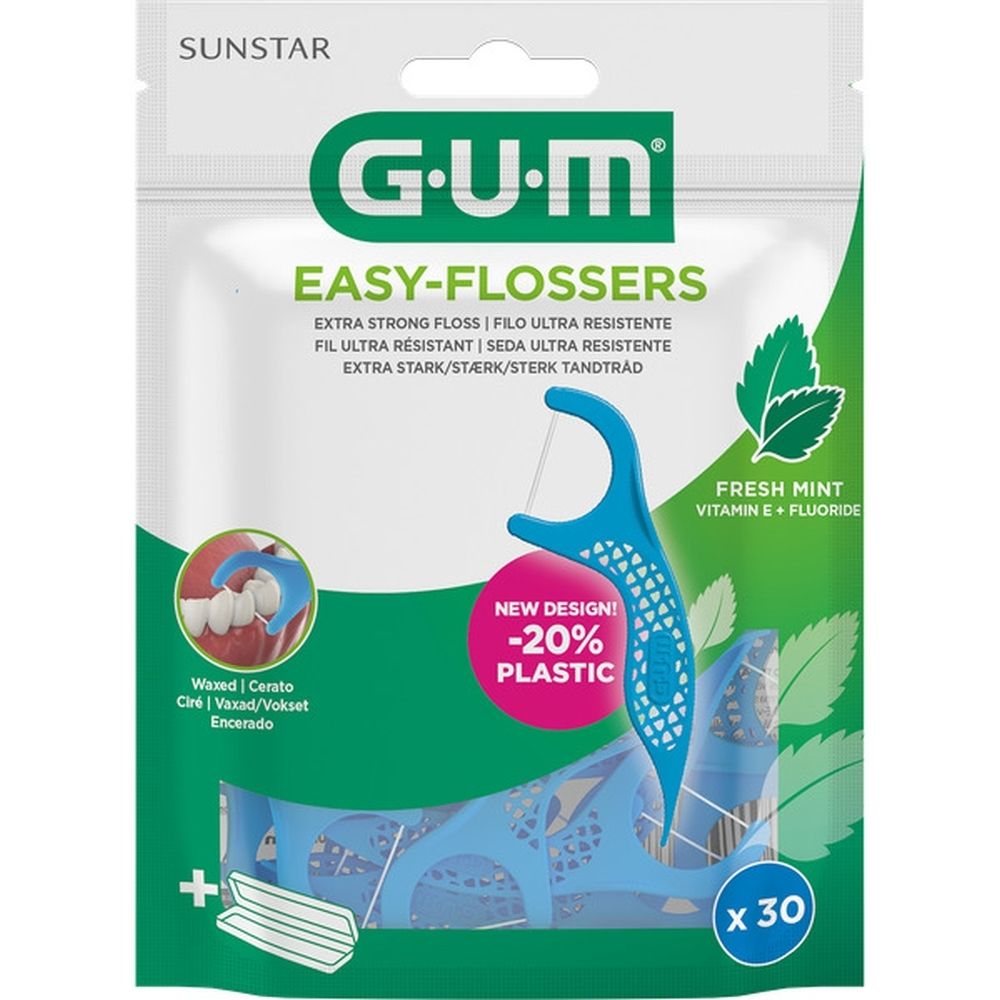 Verpakking GUM® Easy-Flossers. 30 stuks. Fresh Mint. Blauwe flossers in zakje.