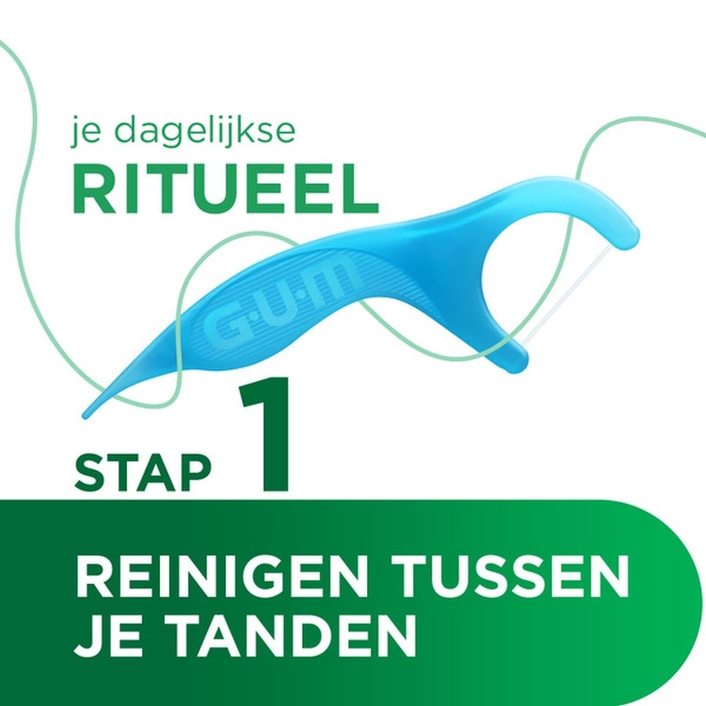 GUM® Easy-Flosser blauw, met tekst: Stap 1: Reinig tussen je tanden.