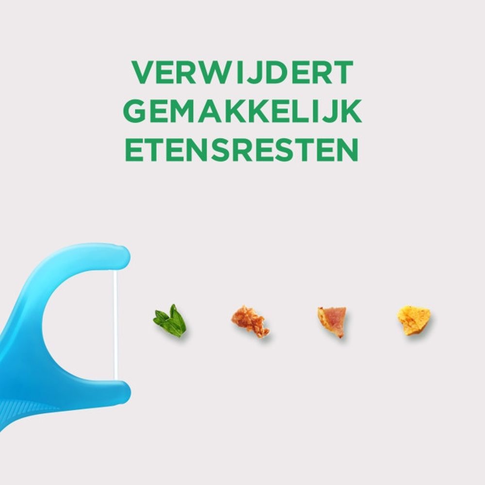 GUM® Easy-Flosser blauw, met tekst: Verwijdert gemakkelijk etensresten.