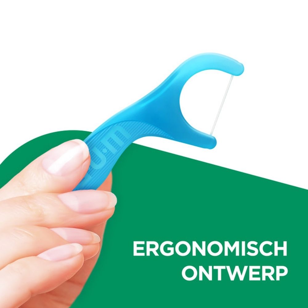 Verpakking GUM® Easy-Flossers. 30 stuks. Fresh Mint. Blauwe flossers in zakje.