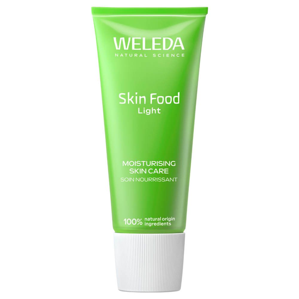 Tube vert Weleda Skin Food Light avec bouchon blanc et inscription française.
