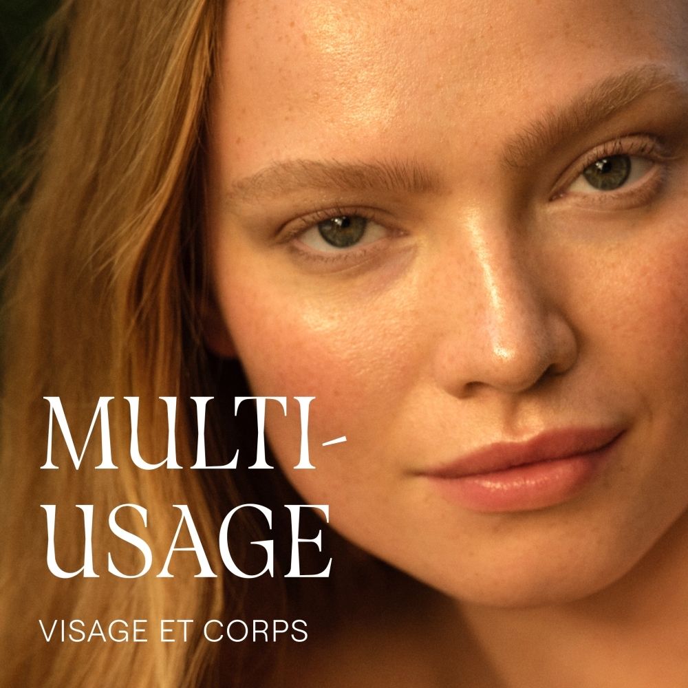 Gros plan d'une femme avec le texte "MULTI-USAGE VISAGE ET CORPS".