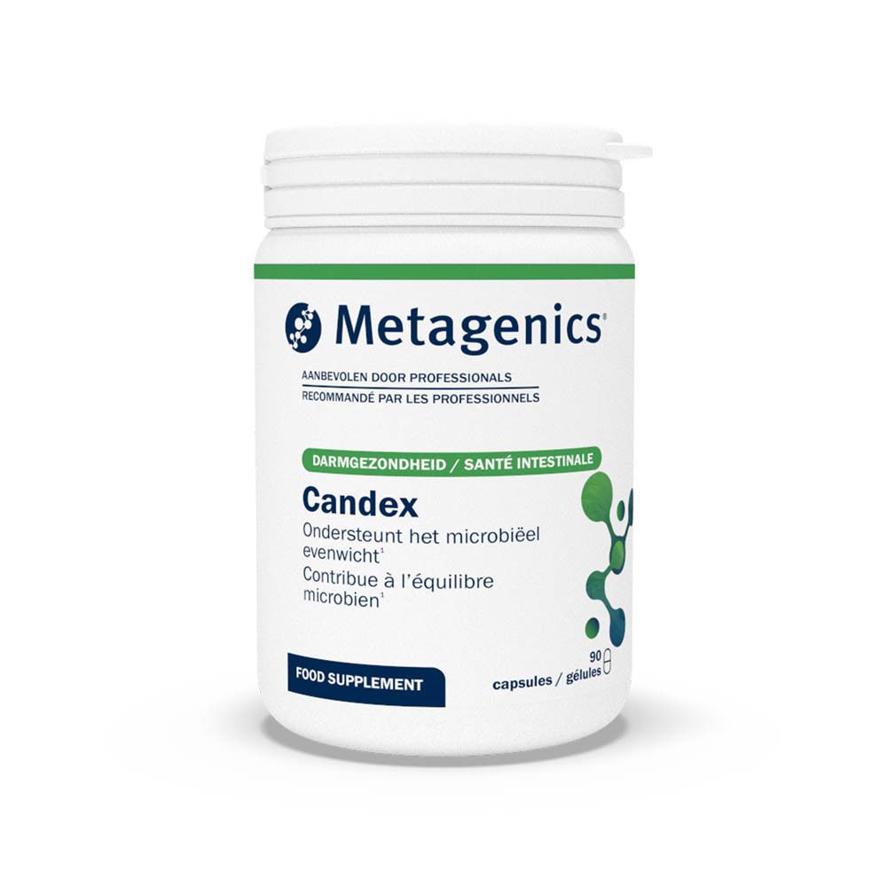 Witte pot met Candex-opschrift en Metagenics-logo. Bevat 90 capsules. Tekst in het Italiaans, Nederlands en Frans.