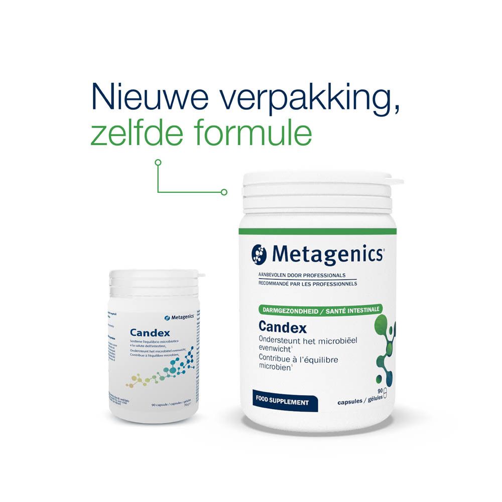Witte pot met Candex-opschrift en Metagenics-logo. Bevat 90 capsules. Tekst in het Italiaans, Nederlands en Frans.