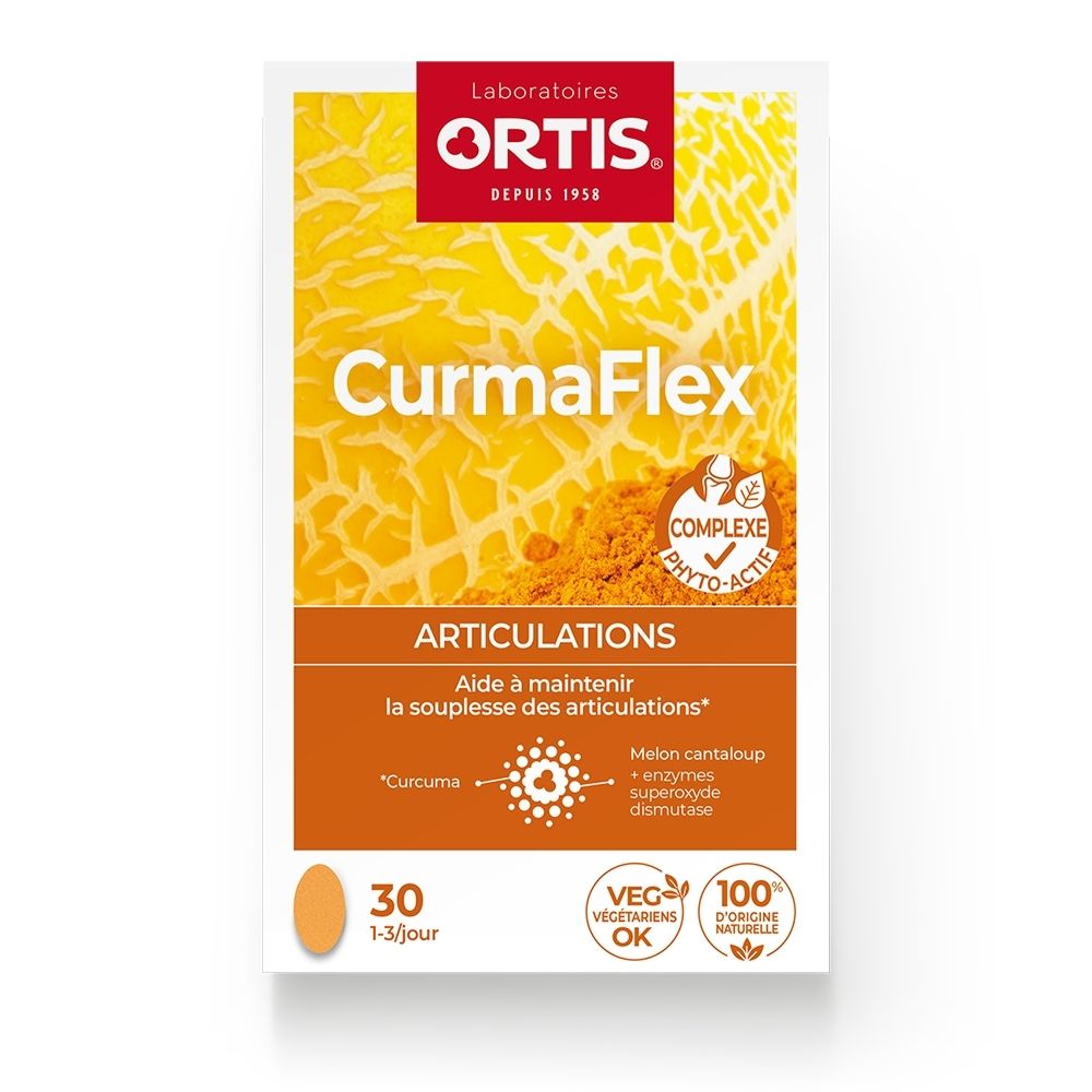 Boîte Ortis CurmaFlex Articulations 30 comprimés. Illustre curcuma et melon.