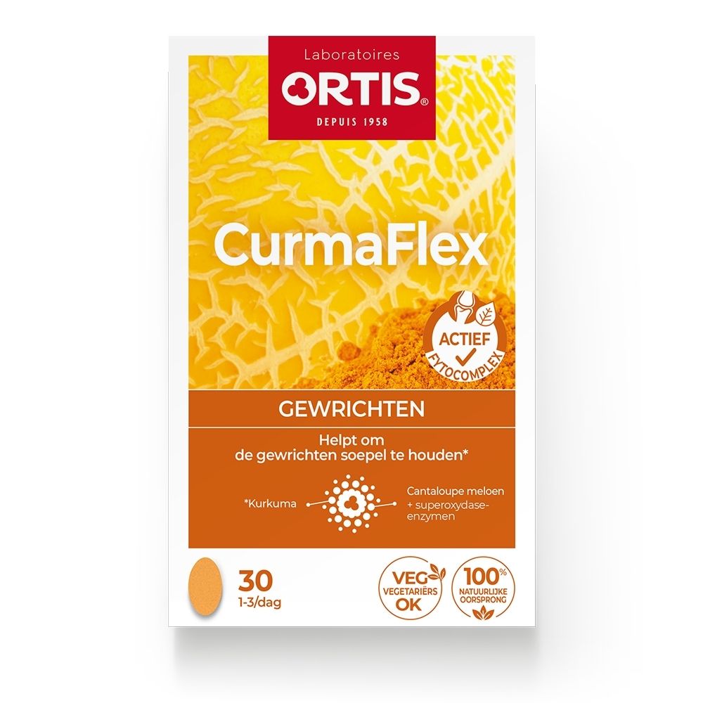 Ortis CurmaFlex Doos Gewrichten 30 tabletten. Toont kurkuma en meloen.