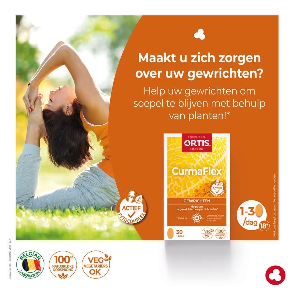 Vrouw in yogahouding naast Ortis CurmaFlex doos. Tekst over gewrichtsgezondheid.