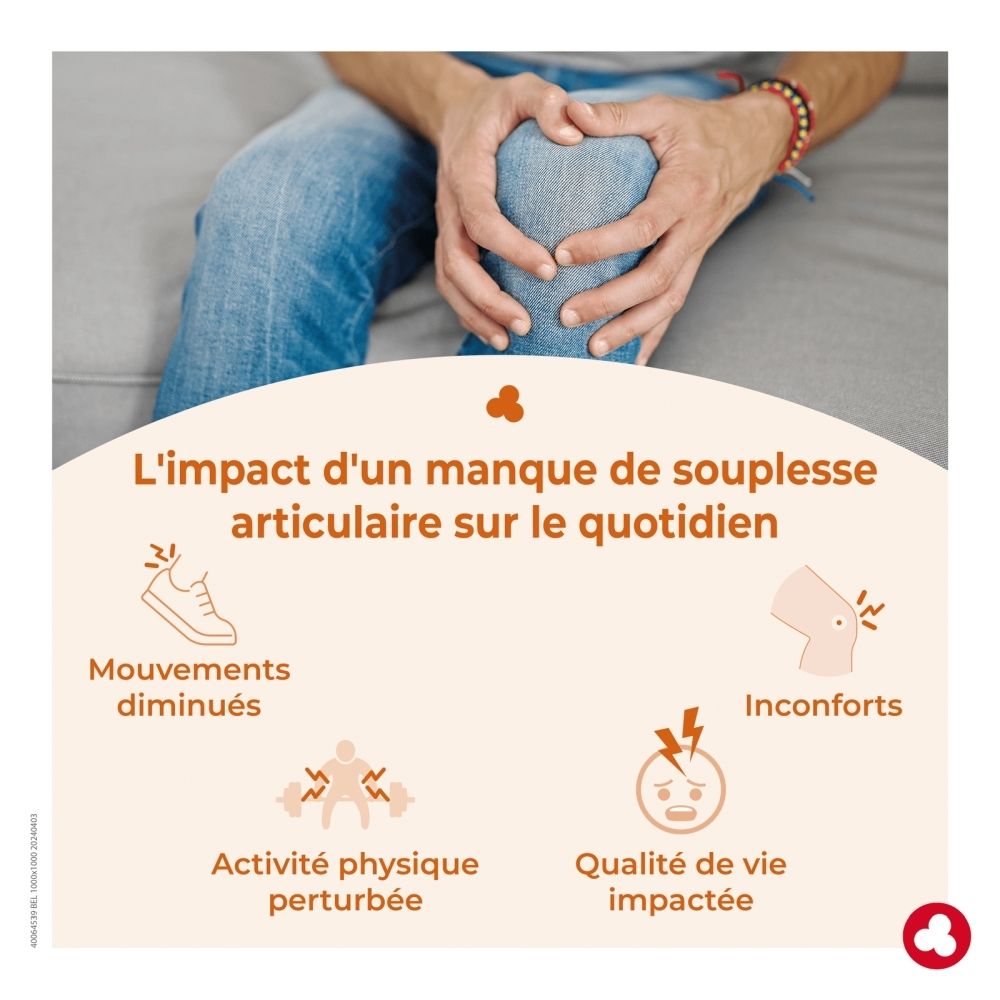 Homme tenant un genou douloureux. Icônes montrant une mobilité réduite et un inconfort.