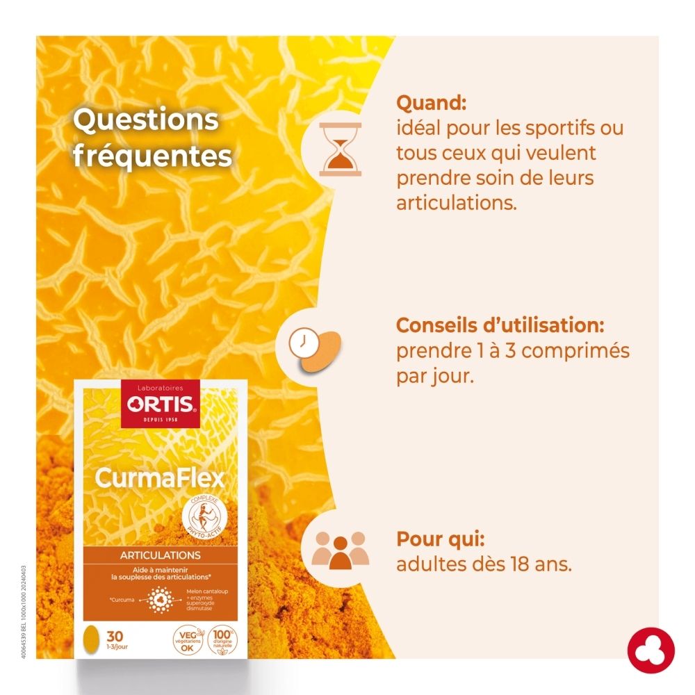 Boîte Ortis CurmaFlex avec FAQ sur la santé articulaire et l'utilisation.