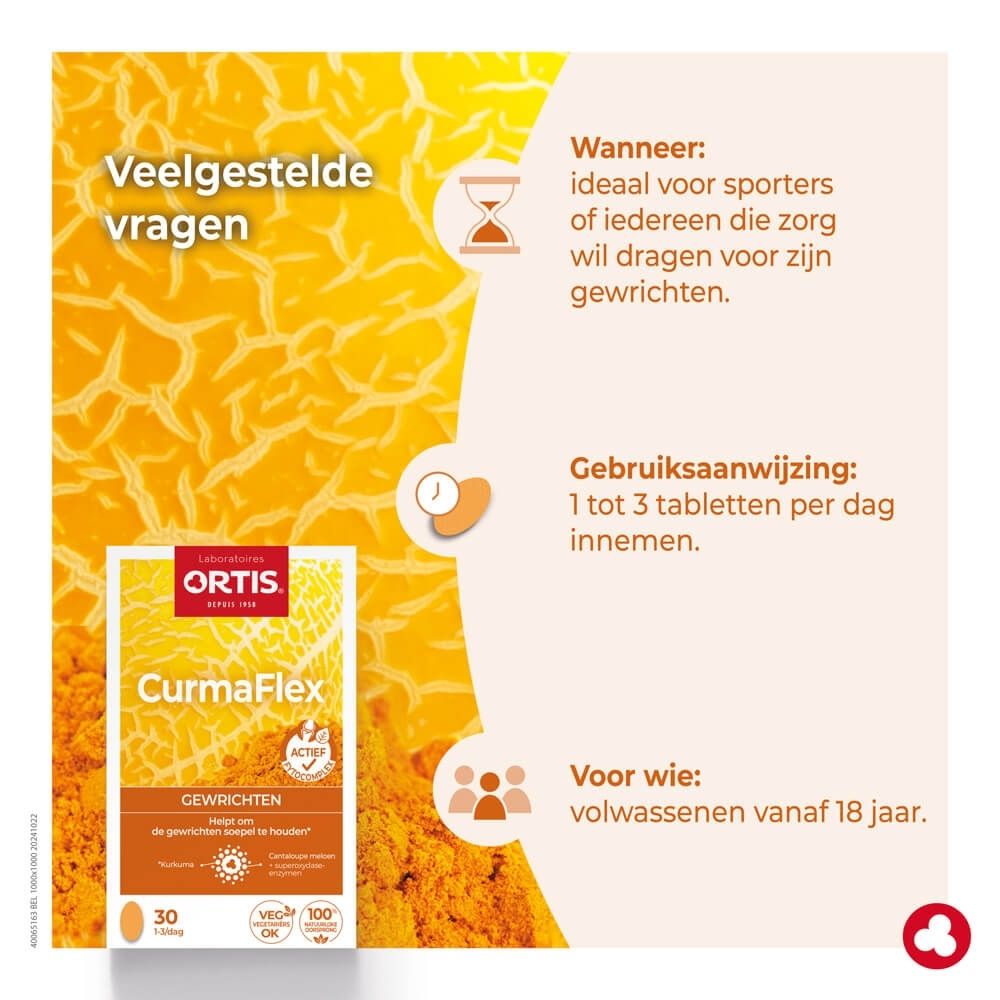 Ortis CurmaFlex doos met veelgestelde vragen over gewrichtsgezondheid en gebruik.