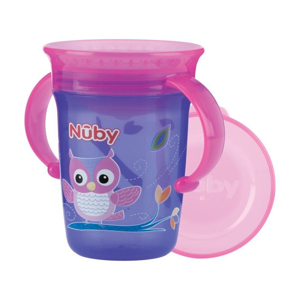 Gobelet violet avec anses et couvercle. Motif hibou et logo Nûby. Anses et couvercle roses.