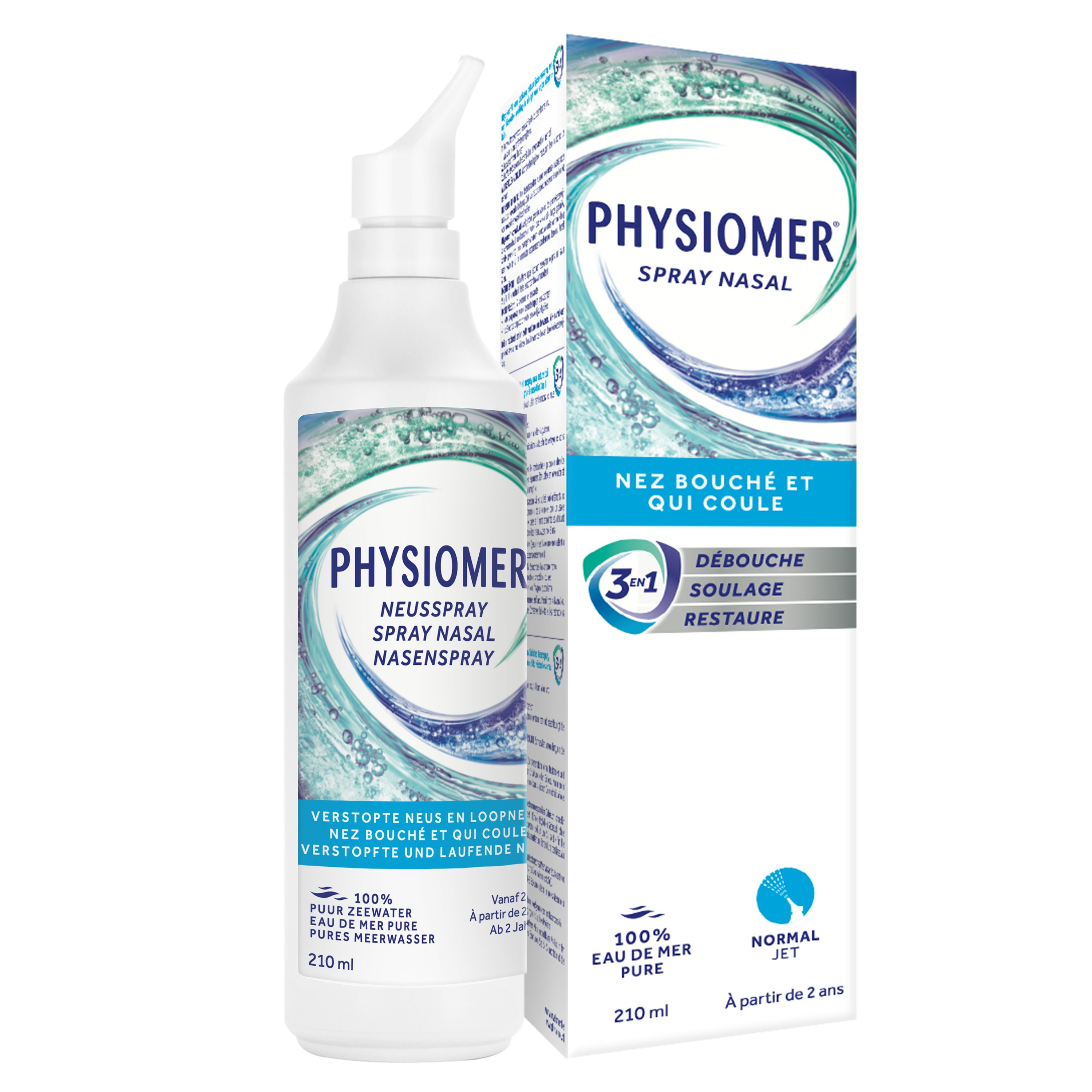 Boîte de spray nasal Physiomer®. Texte: Spray nasal, Hygiène, Prévention active. Design vagues. 210 ml.