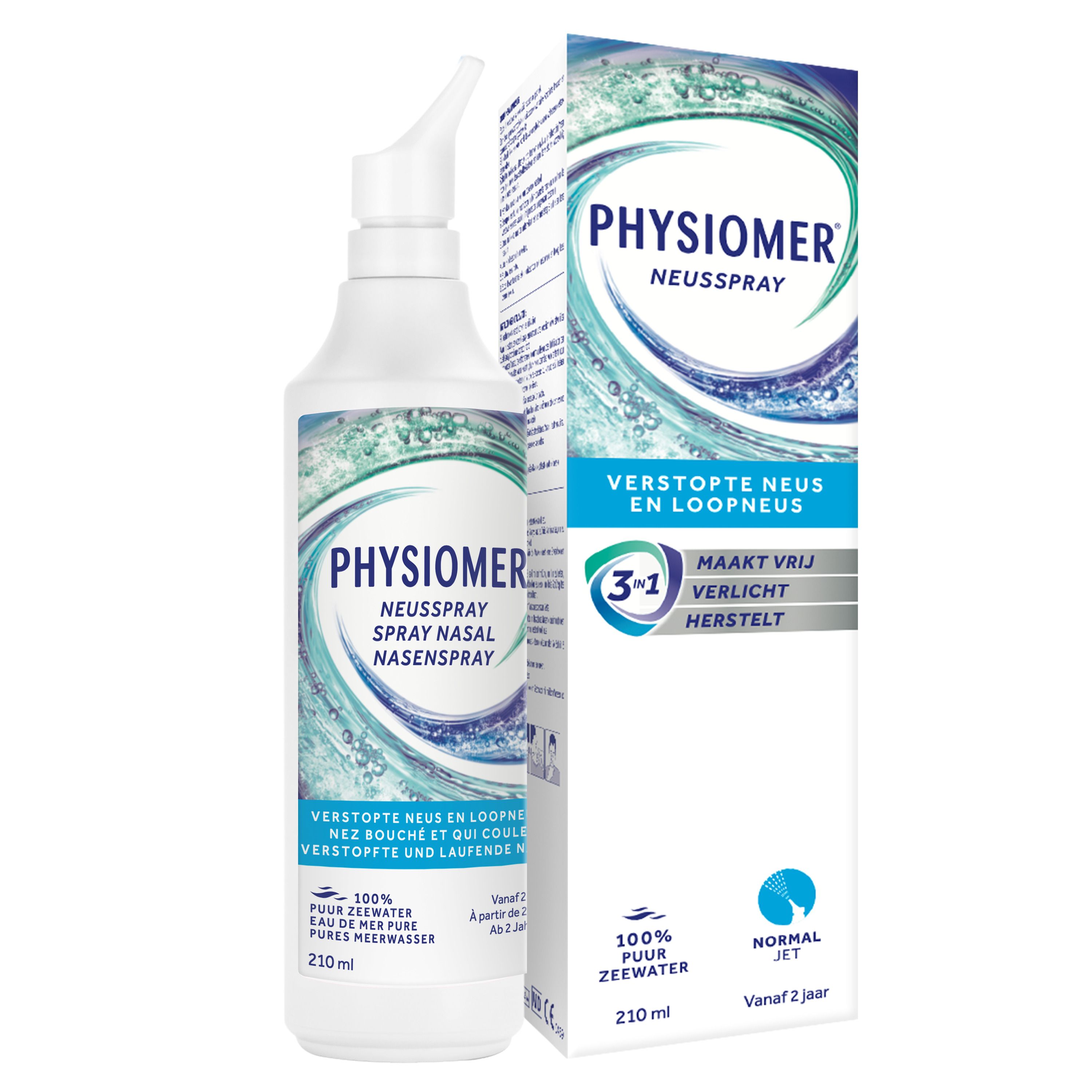 Verpakking van Physiomer® neusspray. Tekst: Neusspray, Hygiëne, Actieve preventie. Golf-ontwerp. 210 ml.