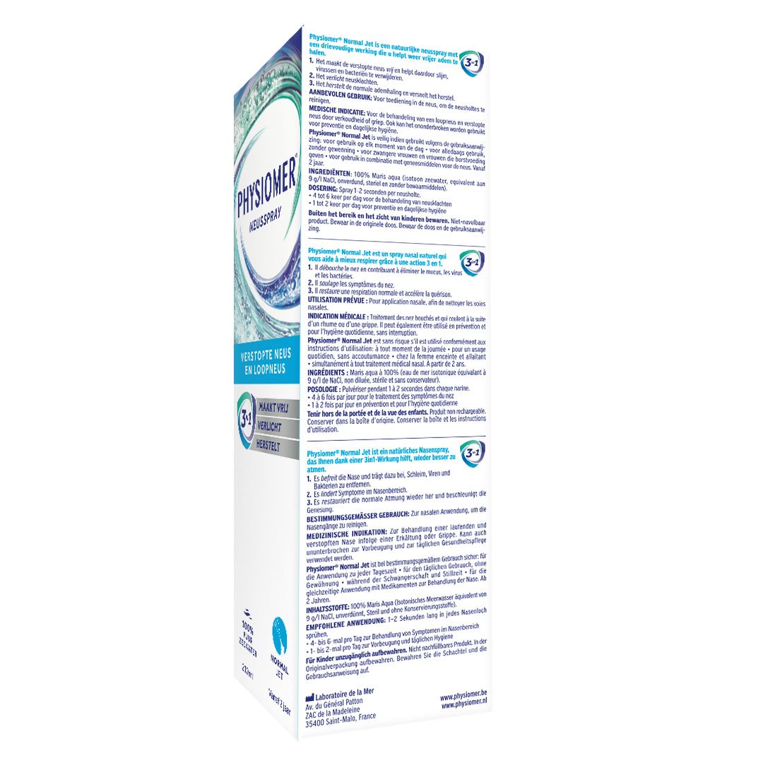 Achterkant van de verpakking van Physiomer® neusspray. Tekst: Neusspray. Gebruiksaanwijzing. Golf-ontwerp.
