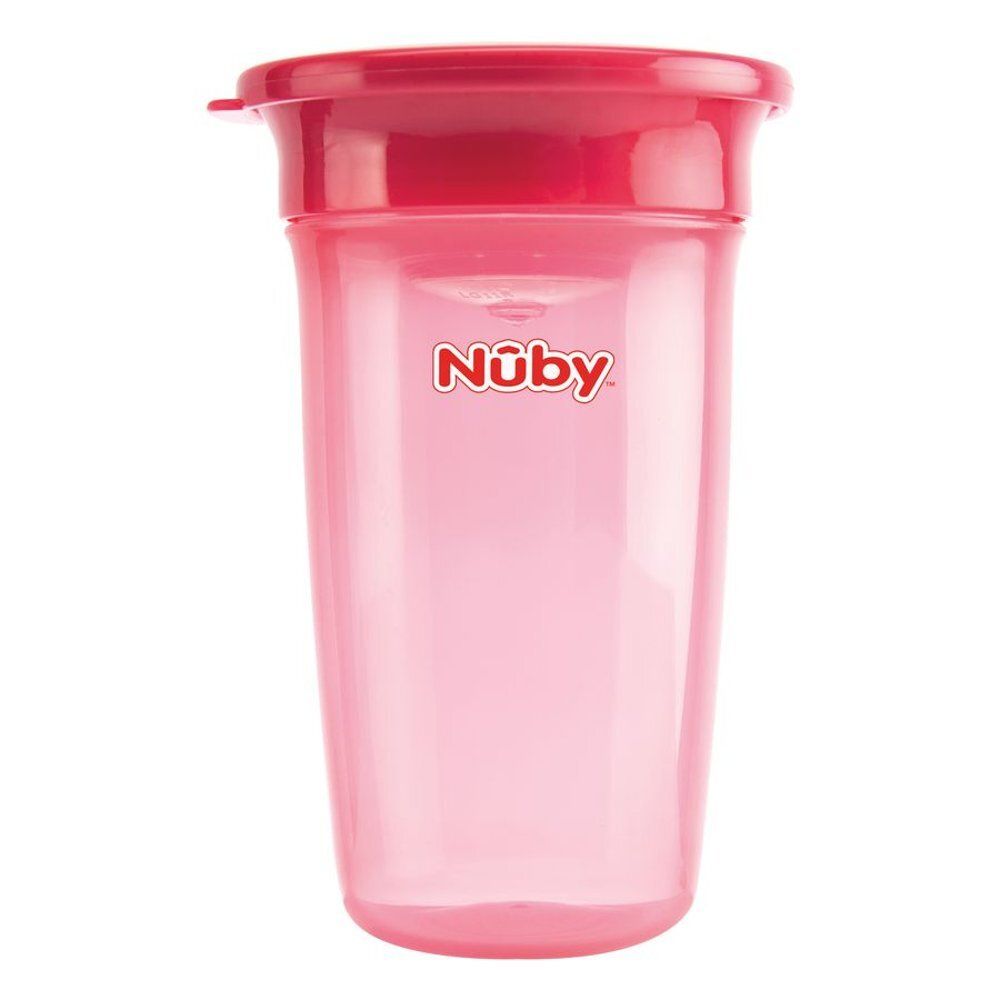 Roze drinkbeker met rode deksel. Logo Nûby.