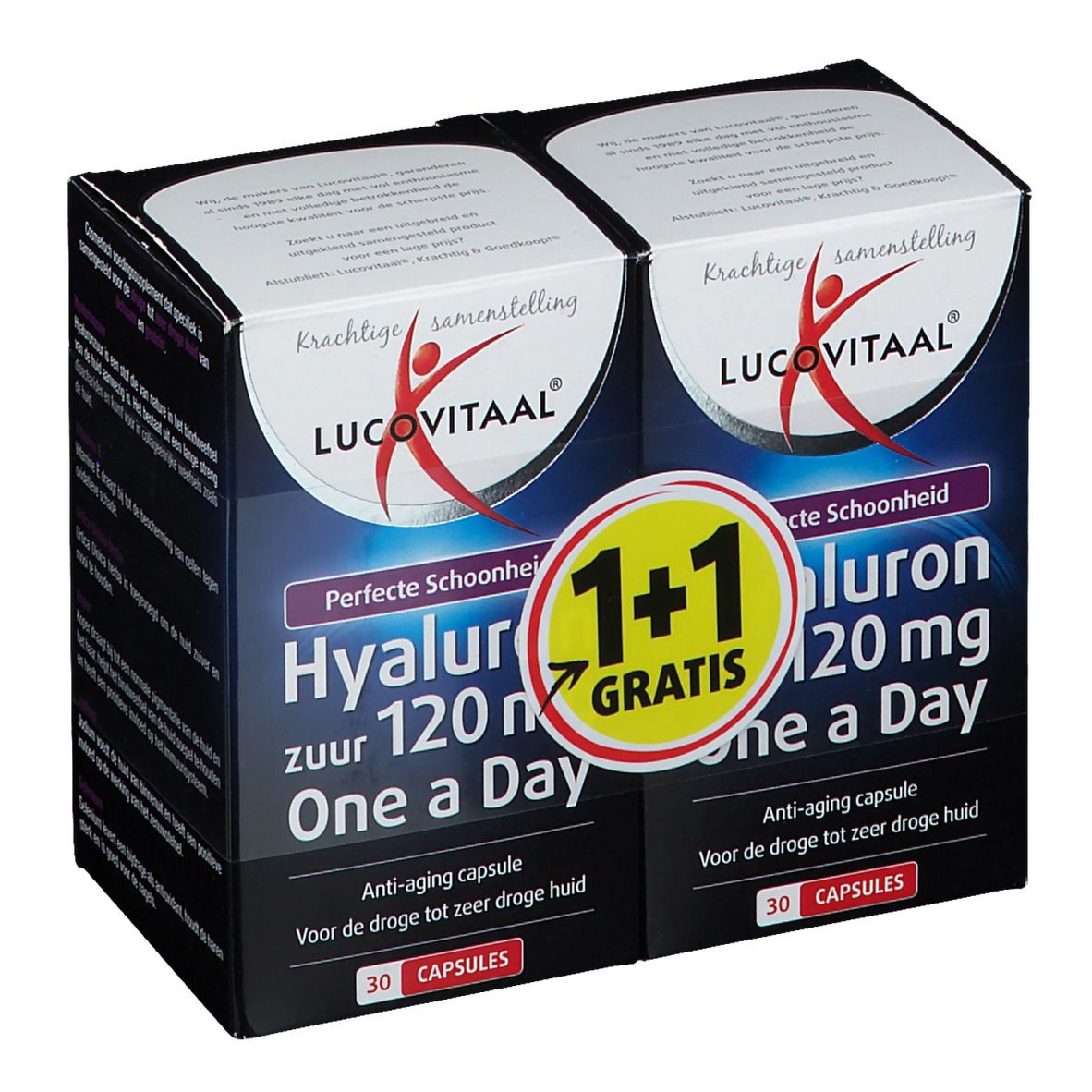 Twee verpakkingen LUCOVITAAL® Hyaluronzuur. Zwarte verpakking met productinfo en logo. 1+1 gratis actie.