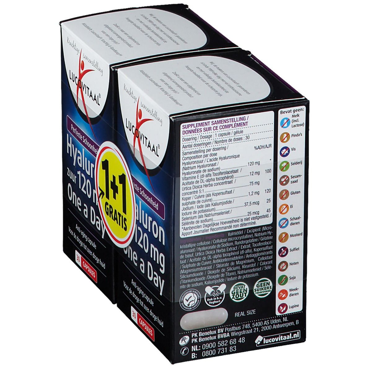 Achterkant verpakking LUCOVITAAL® Hyaluronzuur. Bevat ingrediënten, dosering en voedingswaarde. Met certificeringen.