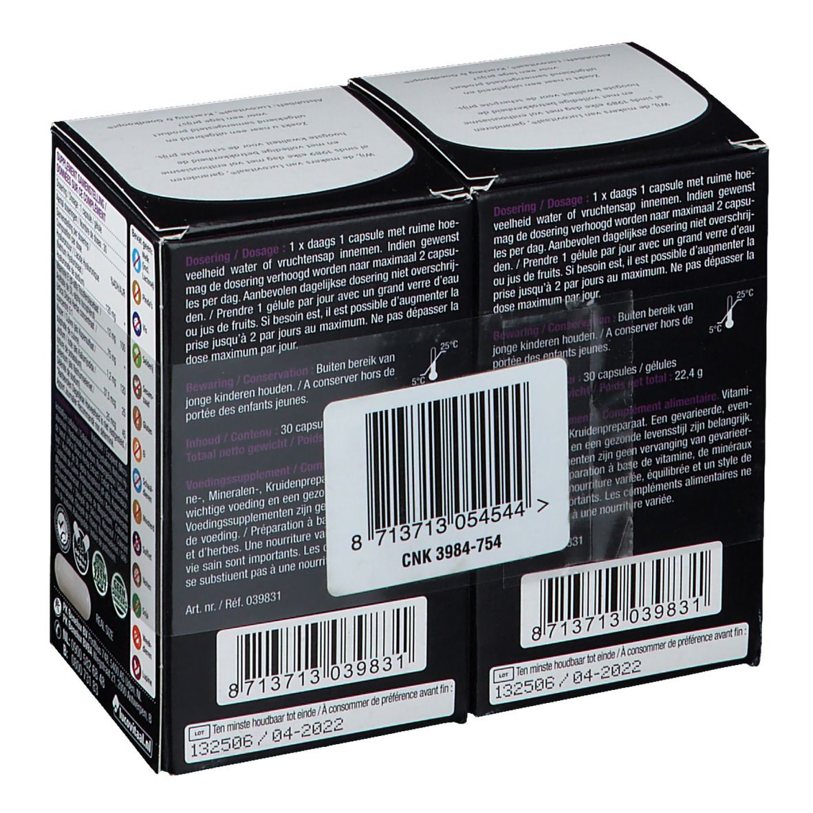 Achterkant verpakking LUCOVITAAL® Hyaluronzuur. Bevat waarschuwingen, dosering en houdbaarheidsdatum.