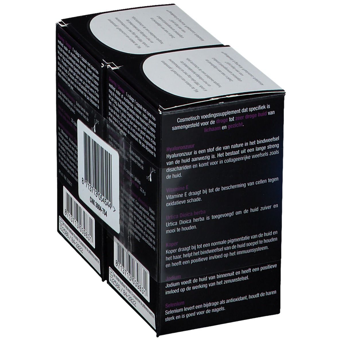 Achterkant verpakking LUCOVITAAL® Hyaluronzuur. Bevat informatie over ingrediënten en hun werking.