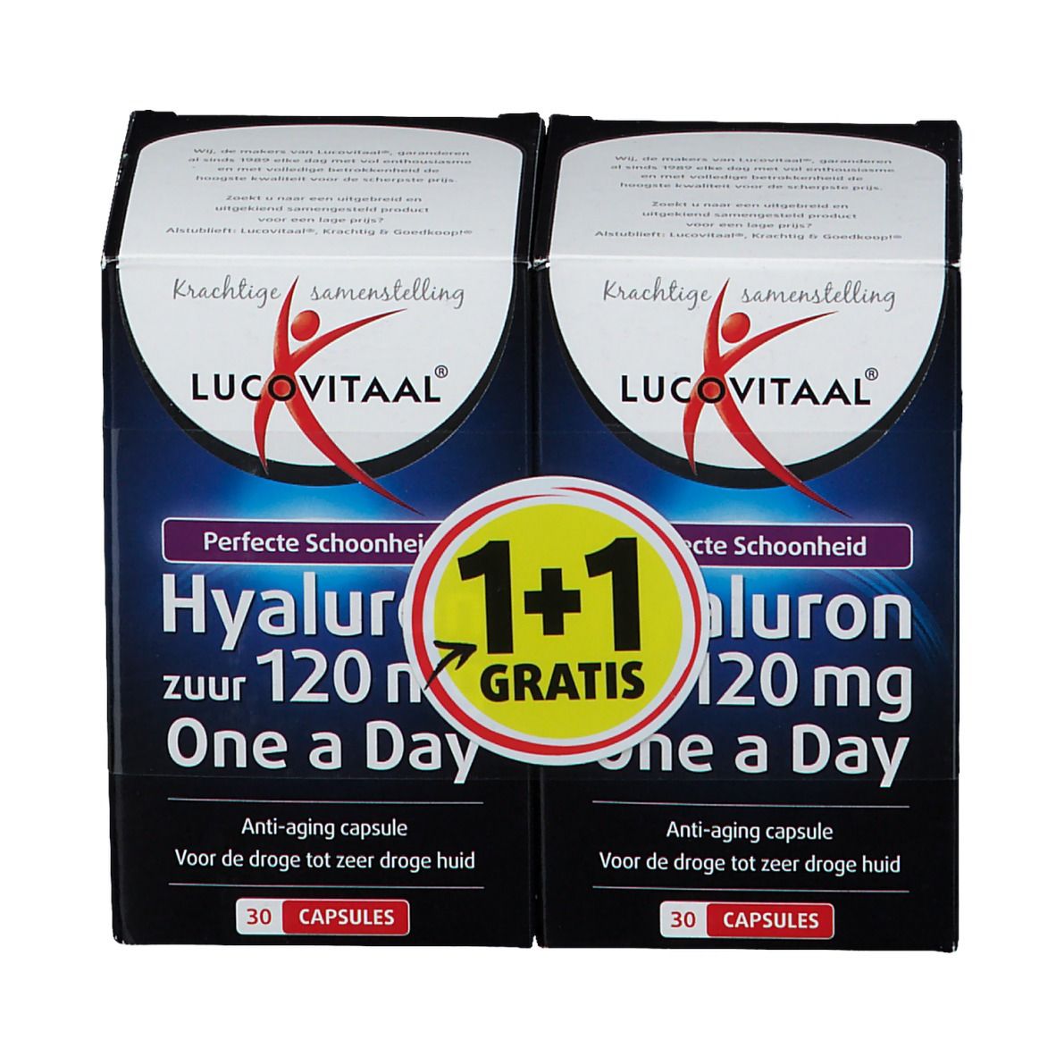 Twee verpakkingen LUCOVITAAL® Hyaluronzuur. Zwarte verpakking met productinfo en logo. 1+1 gratis actie.