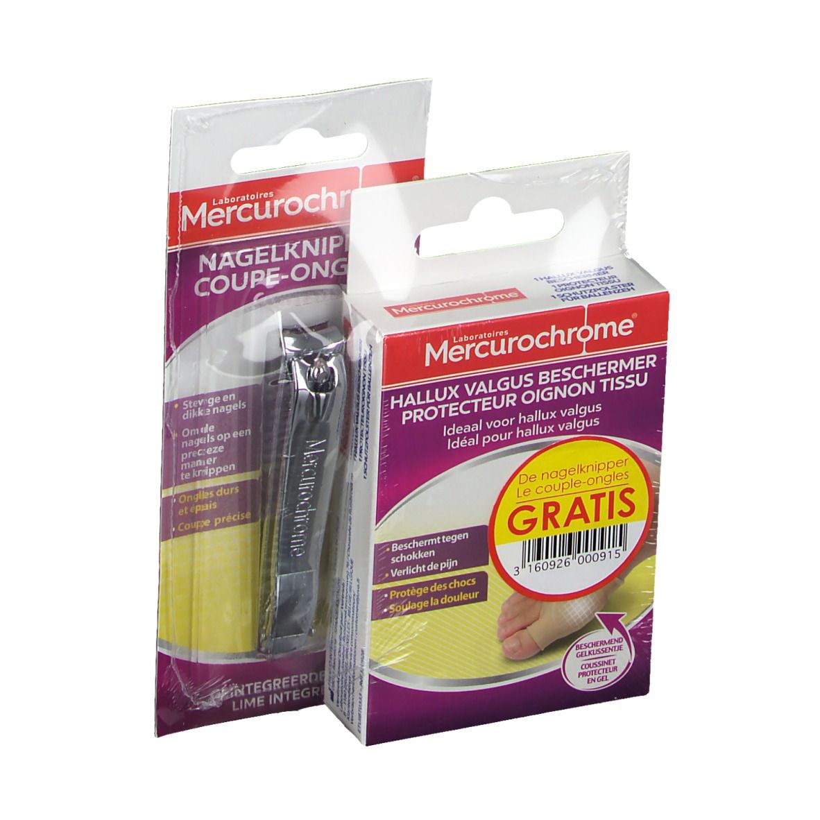 Emballage avec coupe-ongles et protecteur Hallux Valgus. Les deux produits sont emballés dans du plastique. Impressions multilingues.