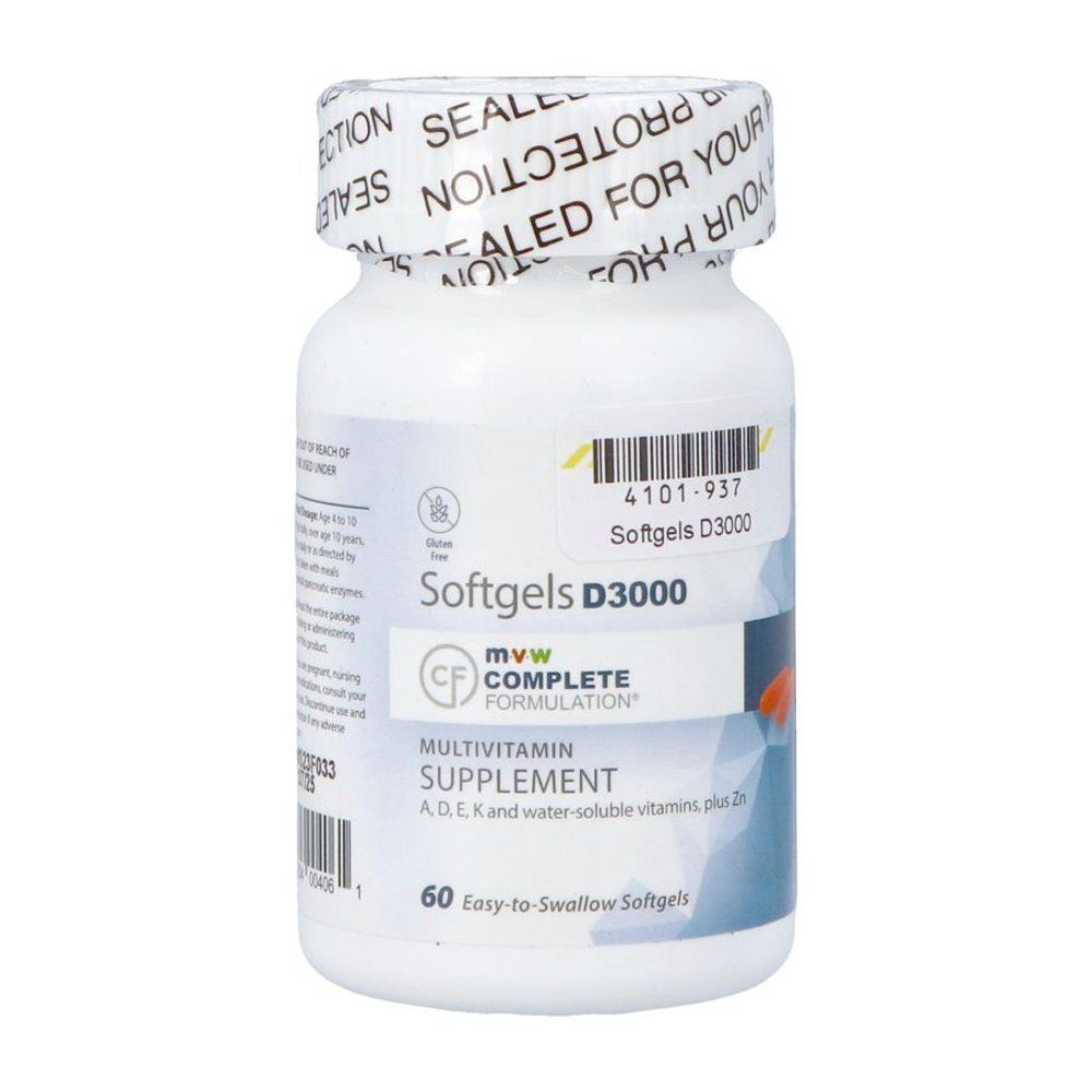 Witte fles met schroefdop. Opschrift 'Softgels D3000'. Etiket met productinformatie en logo.