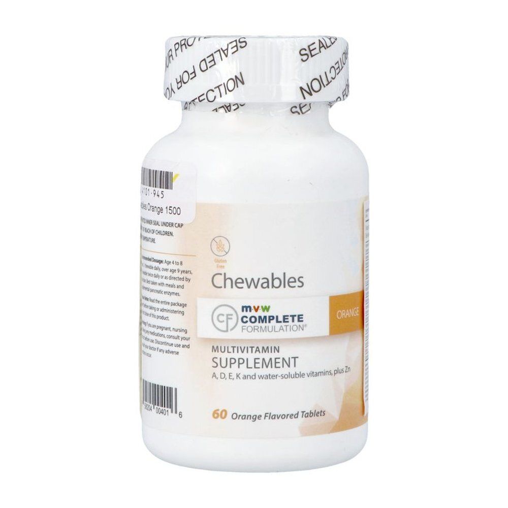 Witte fles met multivitamine supplement. Opschrift: Chewables Orange 1500, mvw COMPLETE FORMULATION, 60 tabletten.