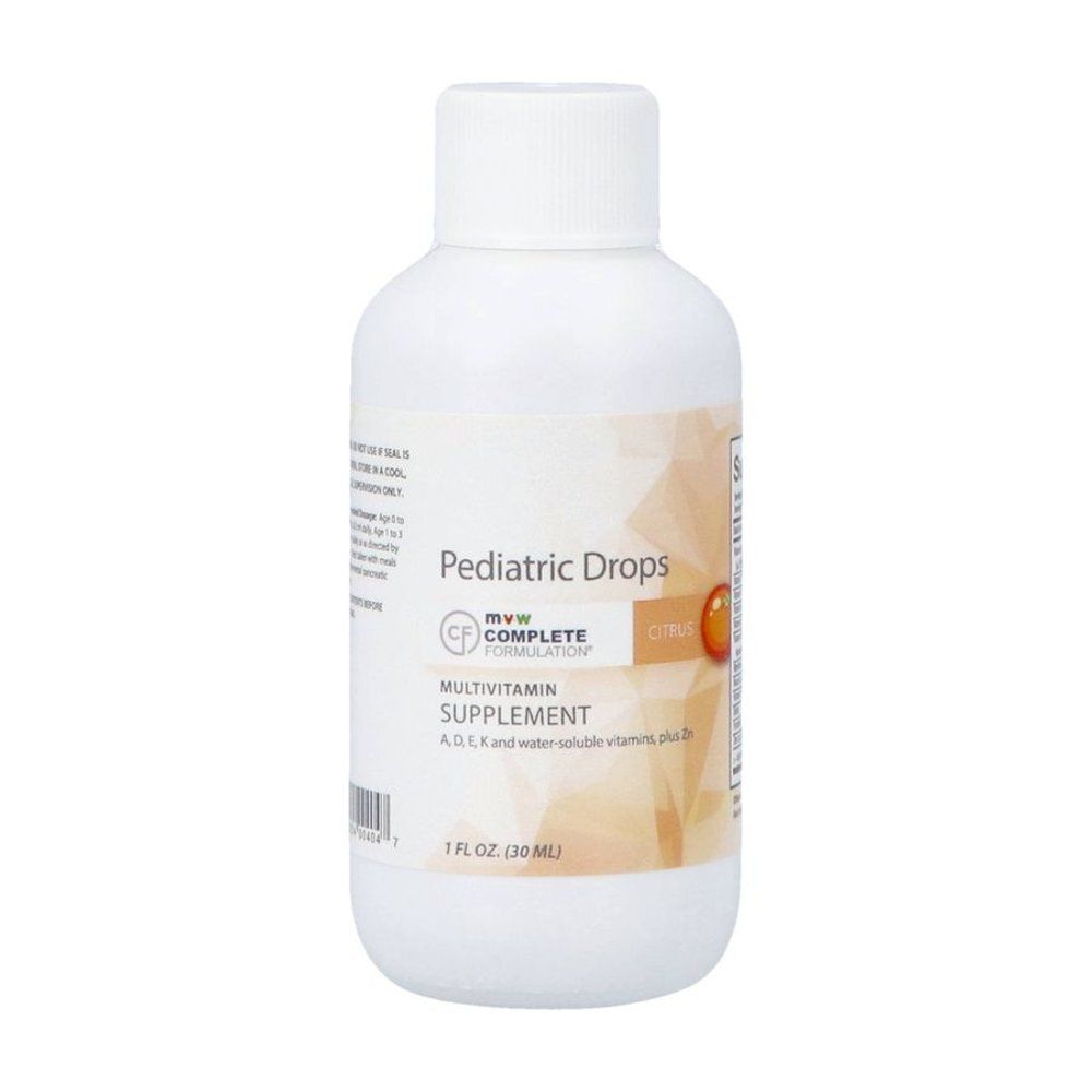 Flacon blanc Pediatric Drops. Complément multivitaminé. Contient vitamines A, D, E, K et zinc. 1 FL OZ (30 ml).