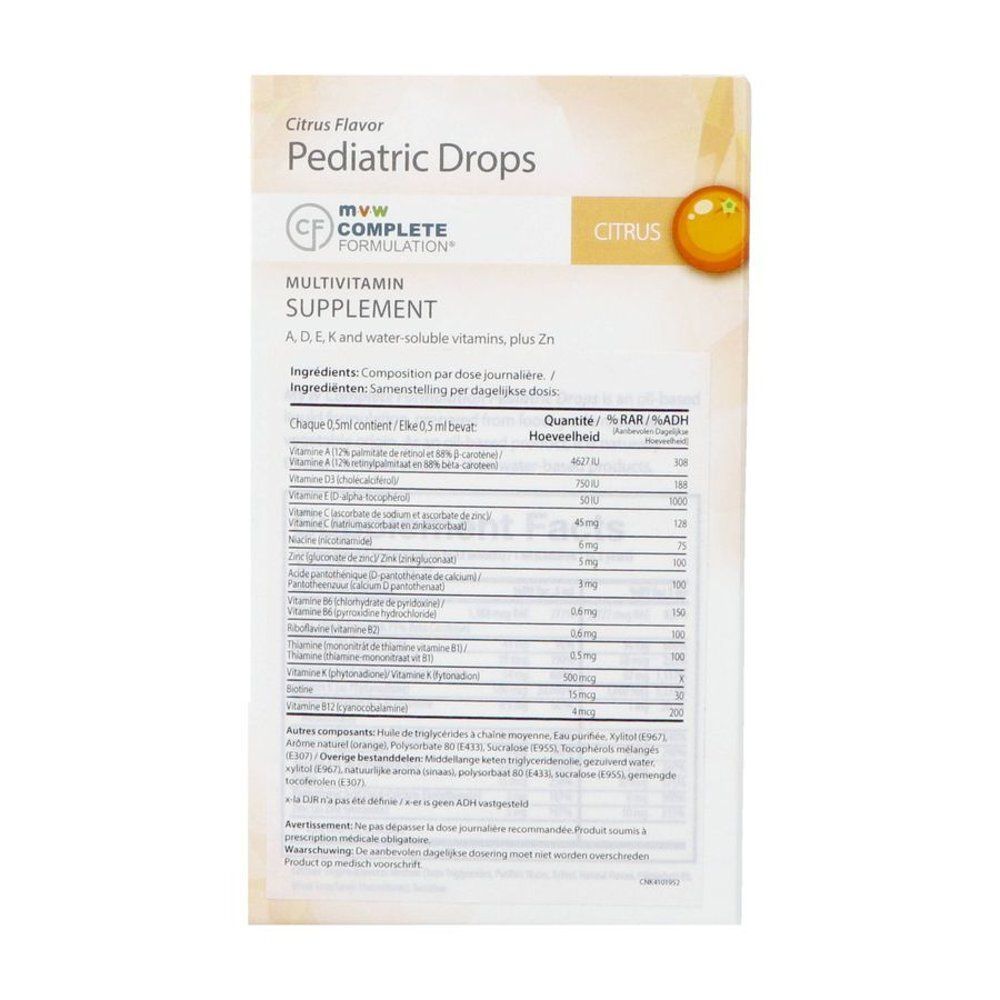 Achterkant verpakking Pediatric Drops. Informatie over ingrediënten en voedingswaarde. Tekst in meerdere talen.
