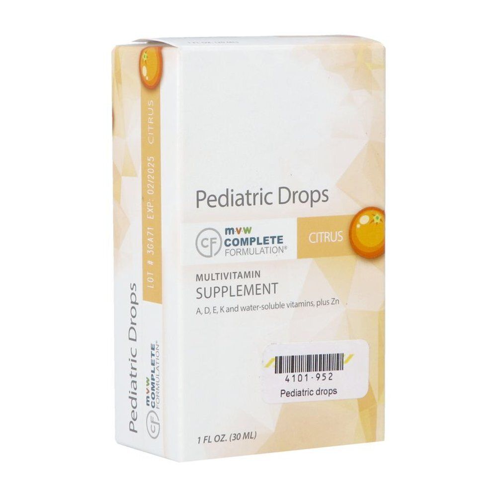 Boîte Pediatric Drops. Complément multivitaminé. Avec indication Citrus. Contient 1 FL OZ (30 ml).