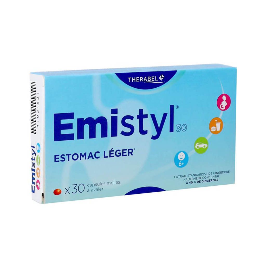 Texte: Le meilleur du gingembre pour un estomac léger. Logo: Emistyl® 30.