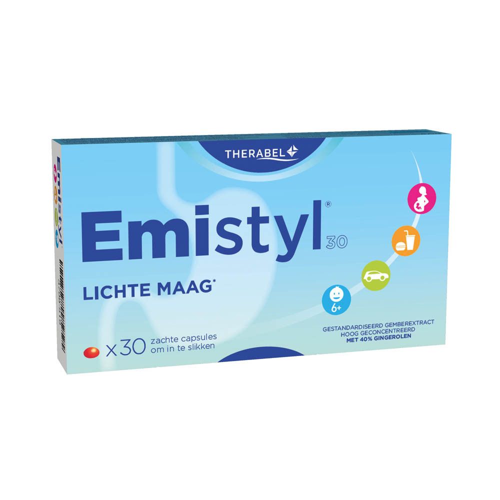 Tekst: Het beste van gember voor een lichte maag. Logo: Emistyl® 30.