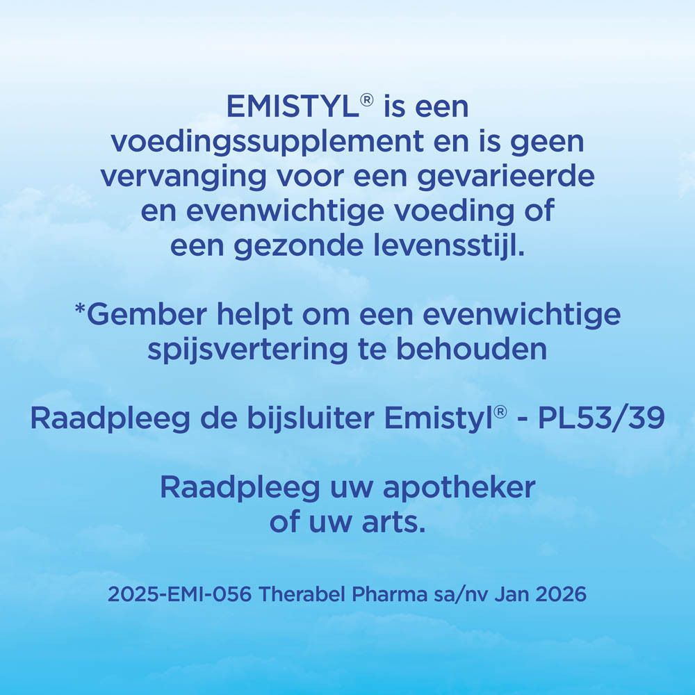 Tekst: Dosering voor volwassenen, kinderen en zwangere vrouwen. Logo: Emistyl® 30.