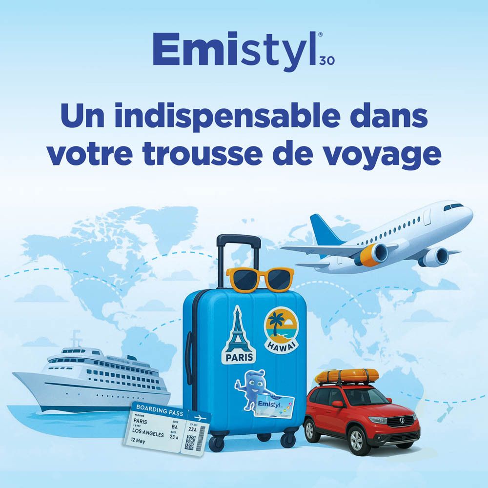 Boîte bleue Emistyl® 30. Texte: LICHTE MAAG, 30 capsules. Logo: Therabel.