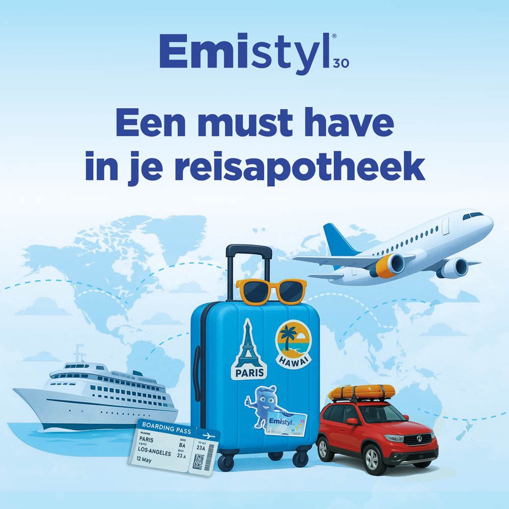 Blauwe doos Emistyl® 30. Tekst: LICHTE MAAG, 30 capsules. Logo: Therabel.