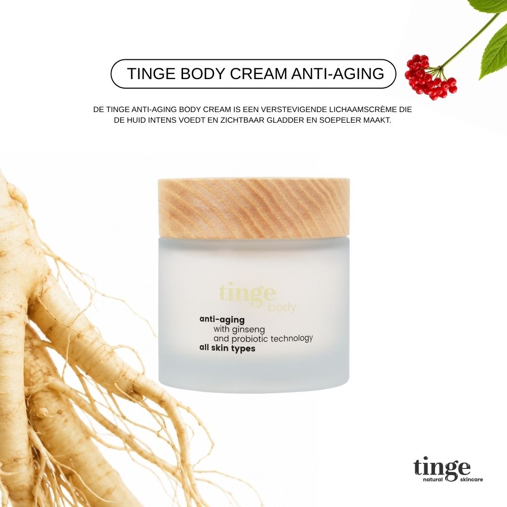 Tinge Bodylotion Anti-Aging: glazen pot met houten deksel en etiket.