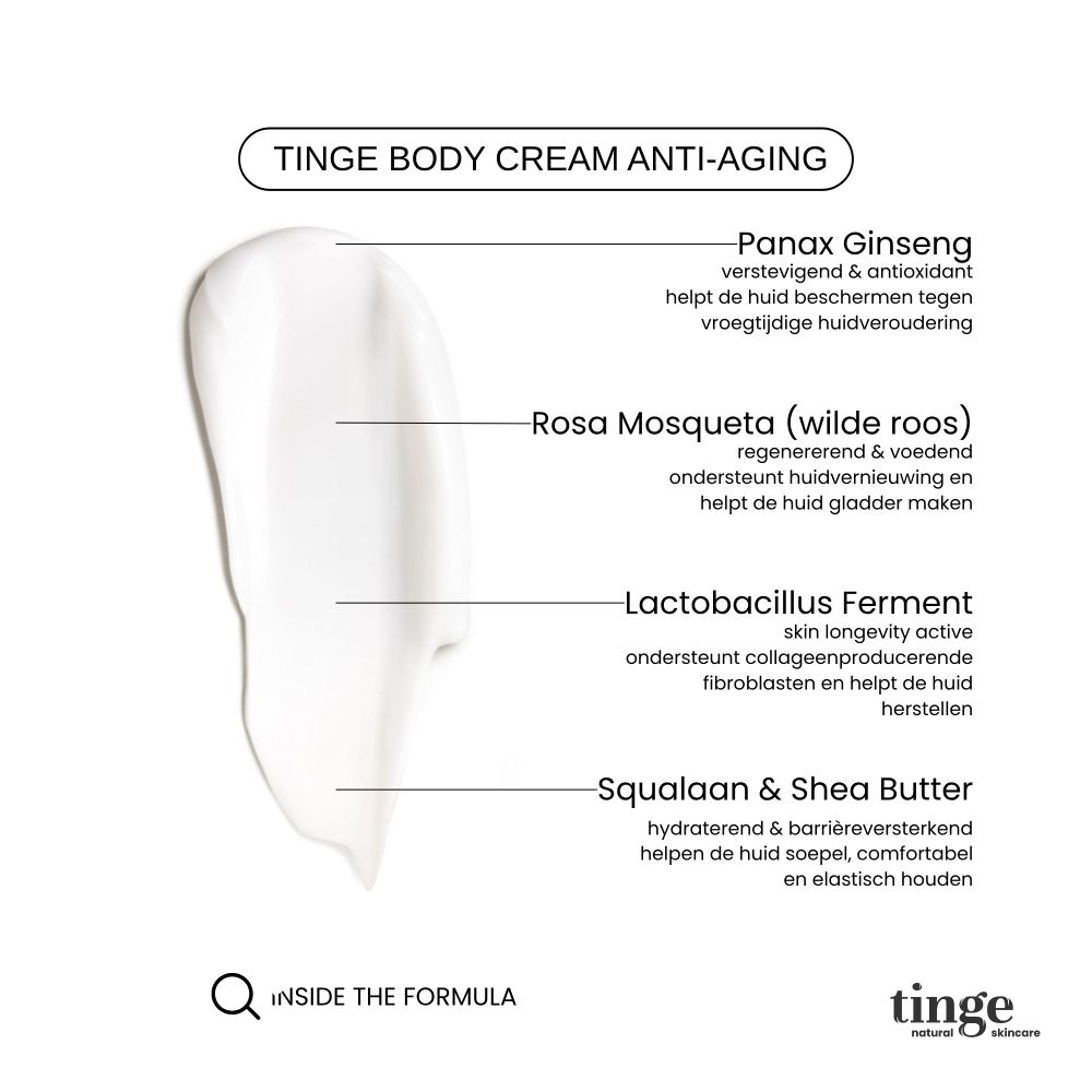 Tinge Bodylotion Anti-Aging: glazen pot met houten deksel, omringd door een handdoek.