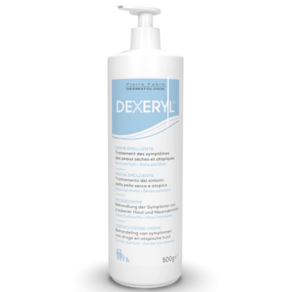 Witte fles met doseerpomp. Opschrift DEXERYL, Crème émolliente. 500g.