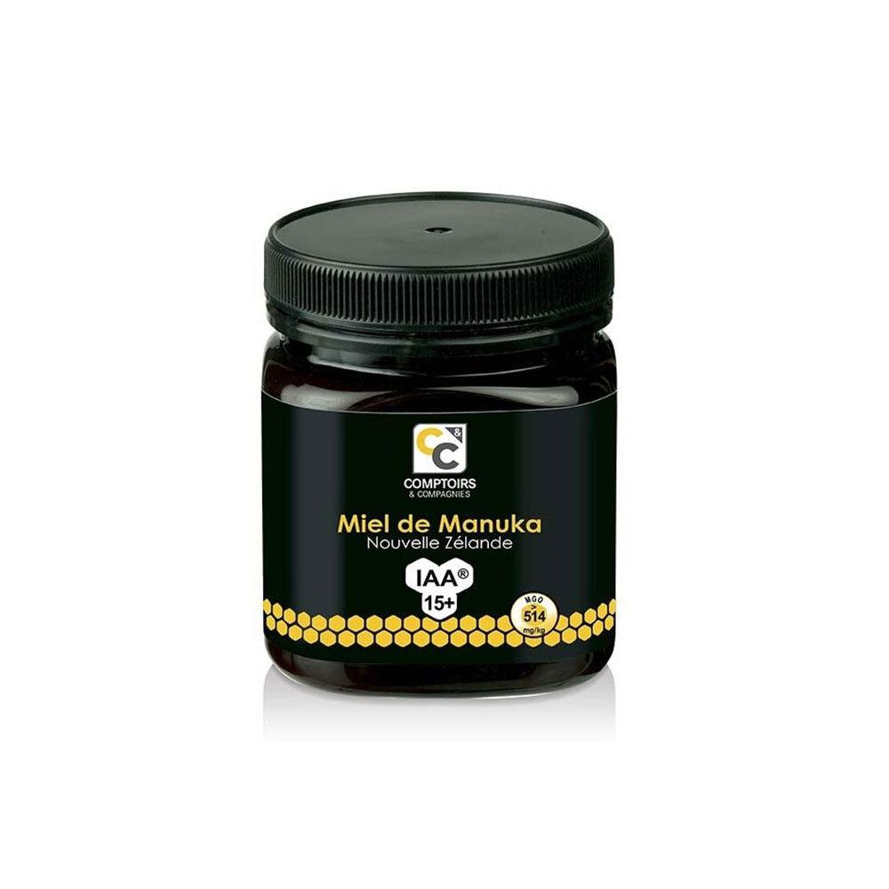 Zwarte pot honing. Etiket: Miel de Manuka Nouvelle Zélande IAA 15+. Merk Comptoirs & Compagnies.