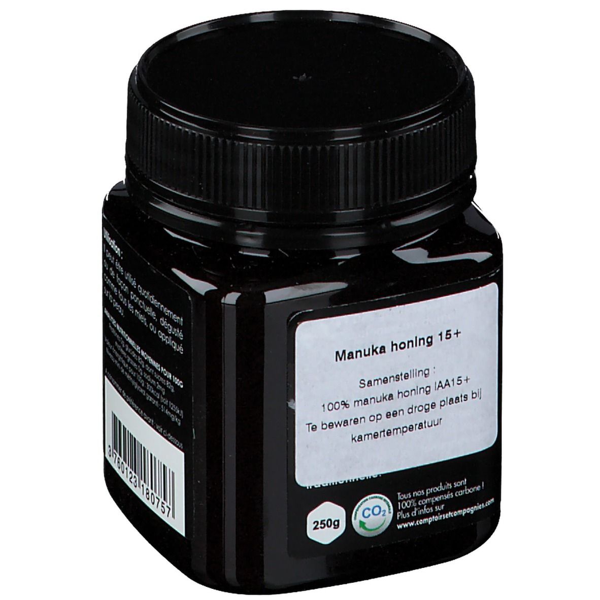 Pot de miel noir avec étiquette. Inscription: Manuka honing 15+. Verso avec informations et logo CO2.