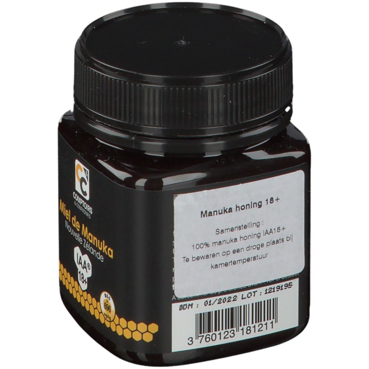 Zwarte pot honing met etiket. Opschrift: Manuka honing 18+, 100% manuka honing IAA16+.