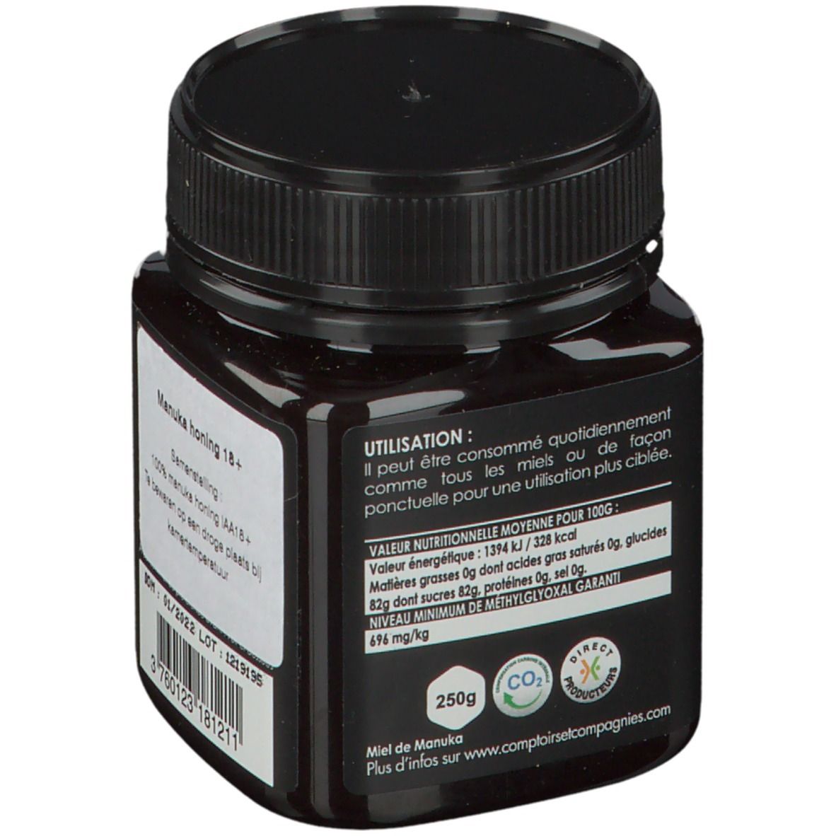 Zwarte pot honing met etiket. Opschrift: Manuka honing 18+, voedingswaarde, 250g.