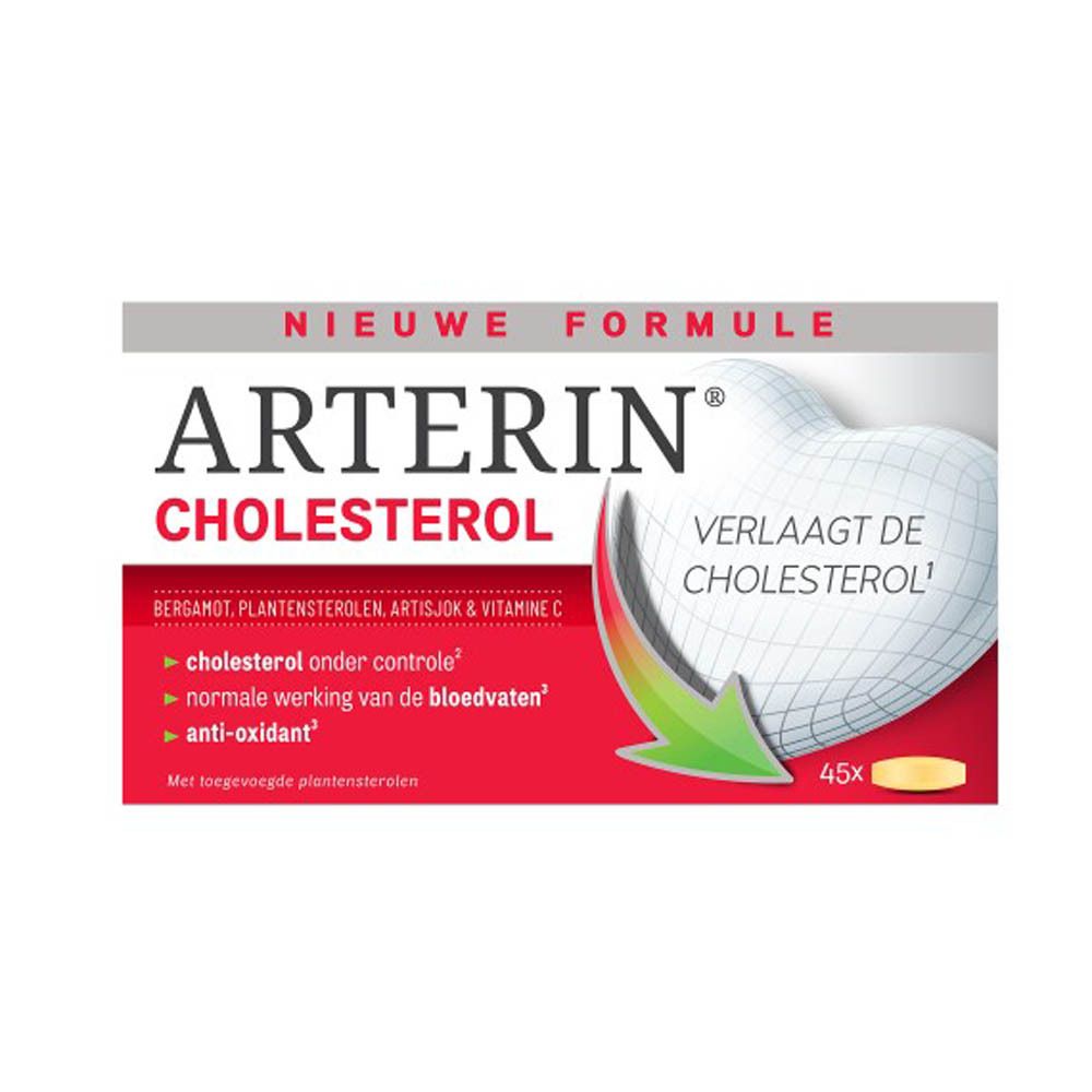 Arterin Cholesterol verpakking. Rode doos met productnaam en informatie. Bevat 45 tabletten.