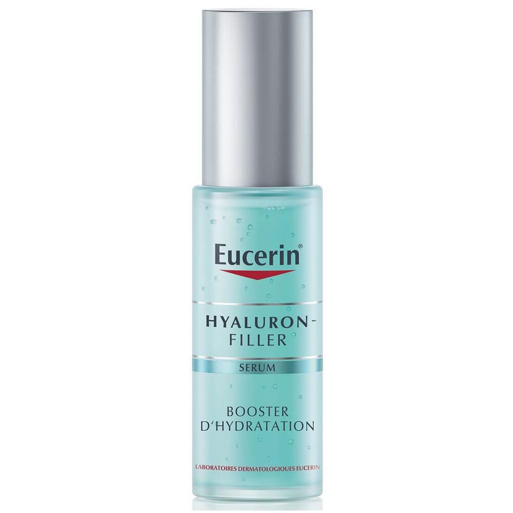 Eucerin Hyaluron-Filler serumflesje. Blauw serum in een glazen fles met zilveren dop. Tekst: Hyaluron-Filler, Booster D'Hydratation.