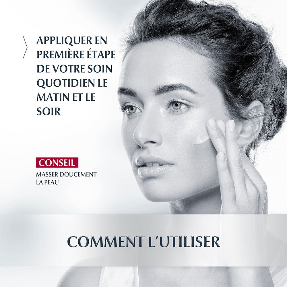 Vrouw brengt serum aan. Tekst: 's Ochtends en 's avonds aanbrengen. Tip: Zachtjes in de huid masseren. Tekst: Hoe te gebruiken.